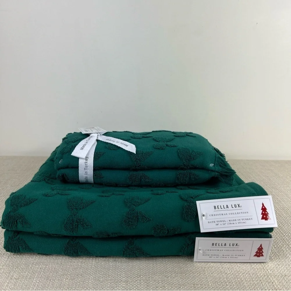 Bella Lux Bathroom Towel Set Christmas Collection Green Bows Cotton Set of 4 NEW
